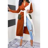 WOMENS  COLOR BLOCK BELTED LONG TRENCH COAT